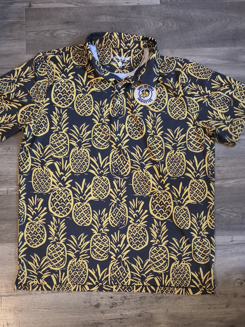 Chubbies Golf Shirt Black and Gold Pineapple Print Polo IOWA HAWKEYES